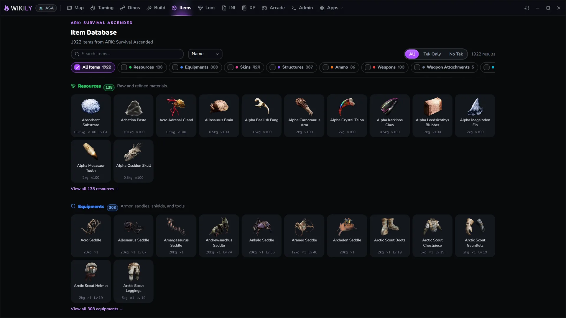 The Wikily overlay showing the ARK item database