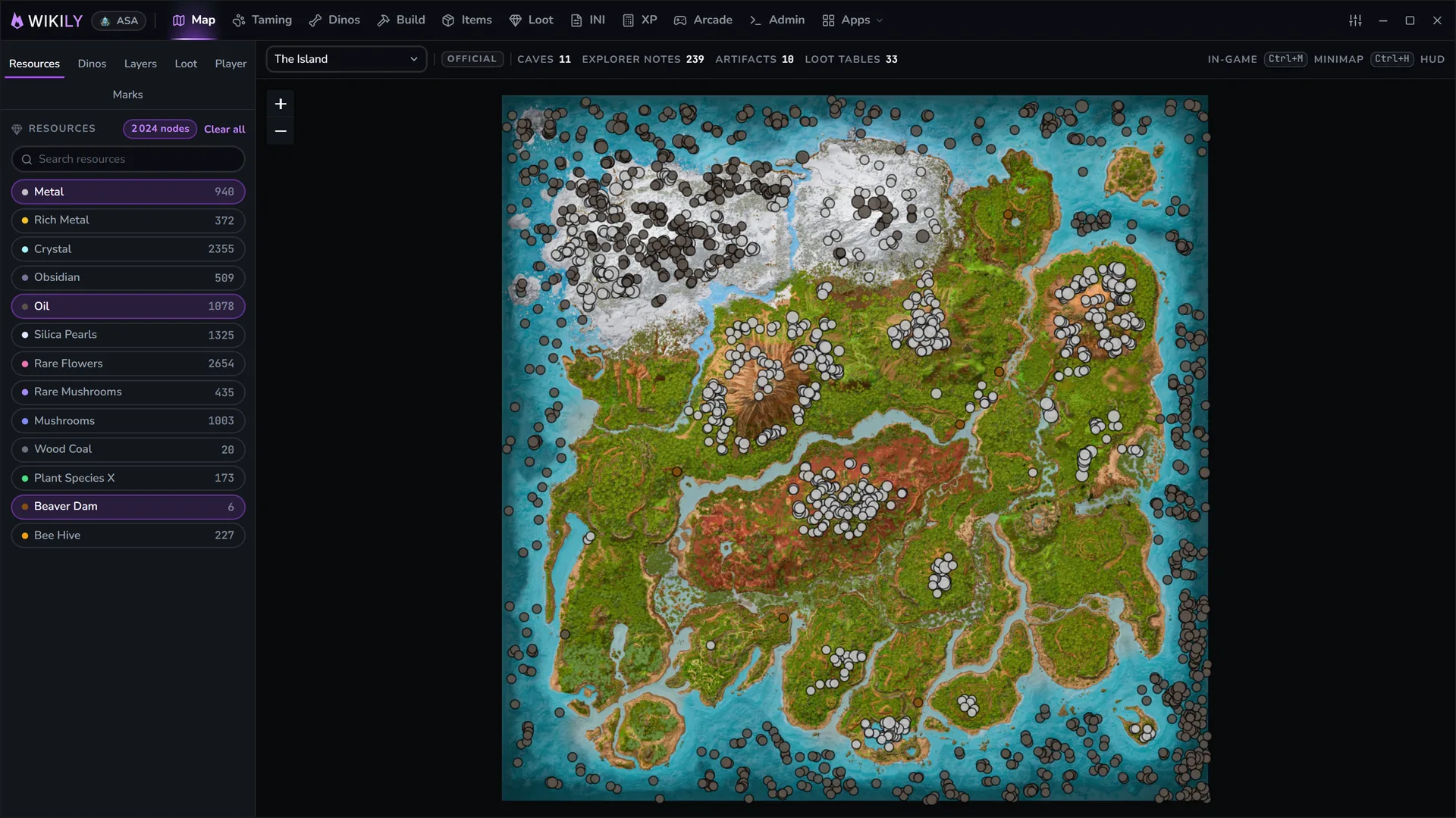 The Wikily overlay showing an interactive ARK map with the player position marked