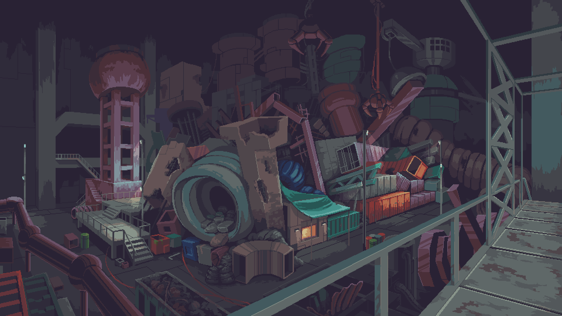 The Dumping Ground scene in Probably Stolen: a towering pile of scrap under catwalks
