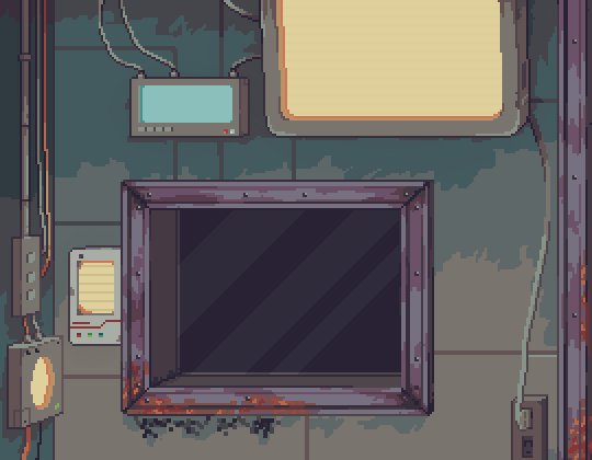The empty display case on the store wall in Probably Stolen, left of the shutter door