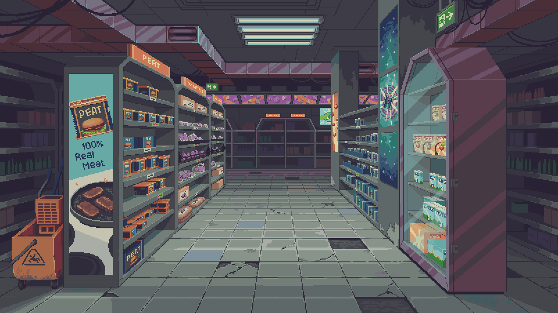 The Commissary scene in Probably Stolen: shelves of Peat and Puice down a tiled aisle