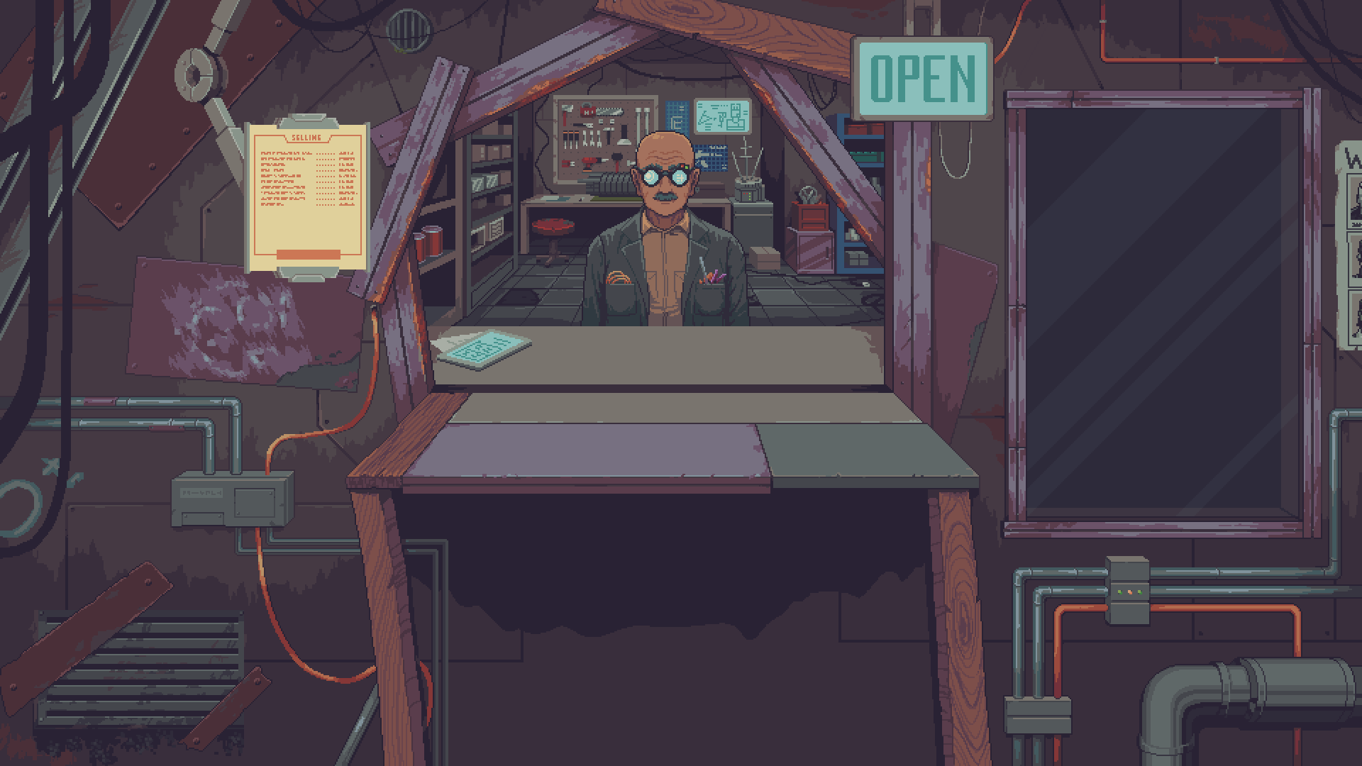 Dr. Jackson behind the counter of his shop in Probably Stolen, under an OPEN sign