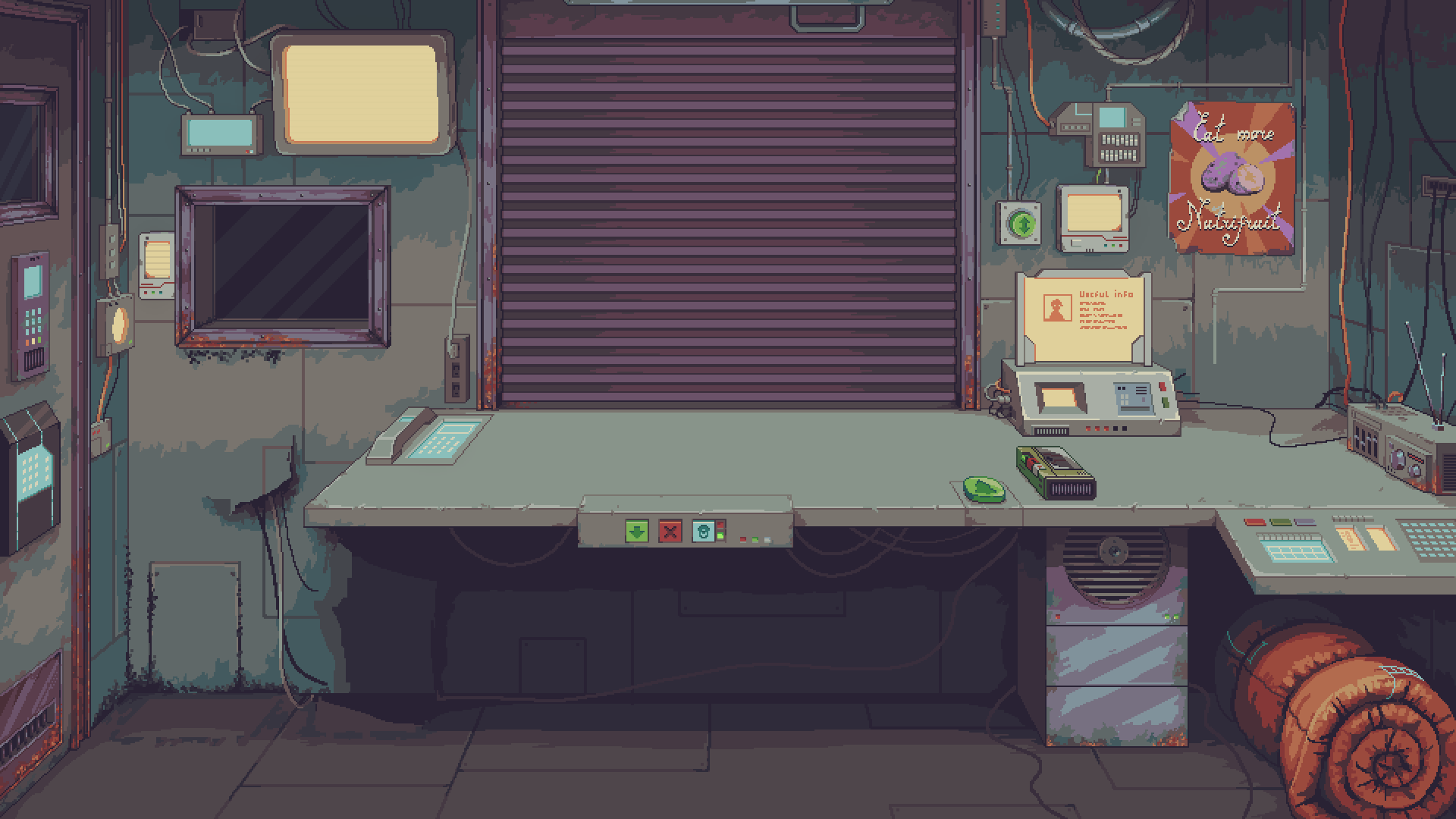 The store in Probably Stolen: the shutter door, the counter, the display case on the left and the bedroll on the right