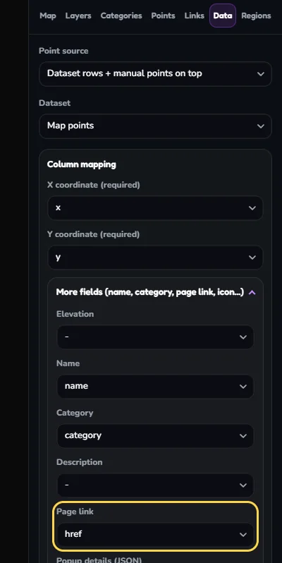 Map Studio, Data tab. Under More fields, the Page link dropdown is outlined and set to the href column.