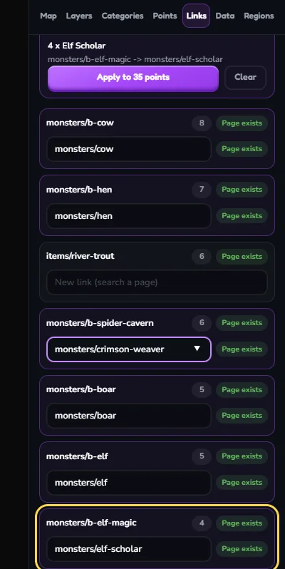 The list of links. The outlined row for monsters/b-elf-magic has the new link monsters/elf-scholar typed in, with the label Page exists next to it.