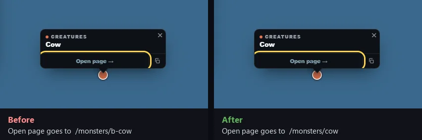 The same map popup twice. Before, its Open page button goes to /monsters/b-cow. After, it goes to /monsters/cow.