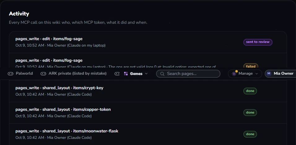 The Activity list: time, person, token, tool and result for each MCP call.