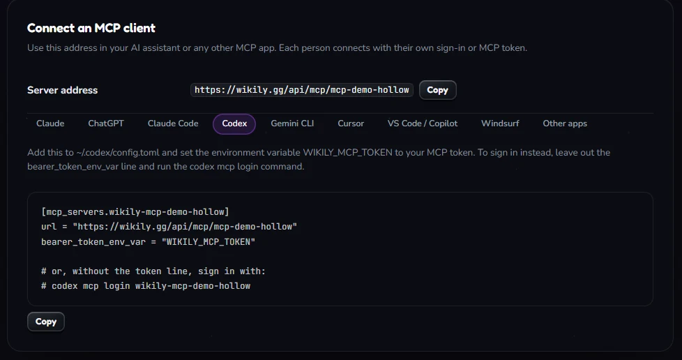 The Connect card on the MCP access page: the server address and one tab per app (Claude, ChatGPT, Claude Code, Codex, Gemini CLI, Cursor, VS Code / Copilot, Windsurf, Other apps), with the Codex setup shown.