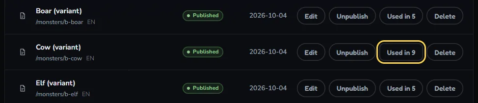 Rows of the page list. On the row for Cow (variant), the button Used in 9 between Unpublish and Delete is outlined.